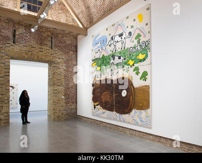 Serpentine Galleries, London, UK. 29 November, 2017. In her first major institutional/London show, British artist Rose Wylie presents her vibrant, large-scale, figurative paintings that depict a range of subjects, from the parkland of Kensington Gardens and an Arsenal vs Spurs match to Quentin Tarantino’s Kill Bill films and celebrity culture, including Elizabeth Taylor, Penelope Cruz and Nicole Kidman. Photo: Park Duck 2017. Courtesy of the Artist and David Zwirner, London. Posed with gallery staff. Credit: Malcolm Park/Alamy Live News. Stock Photo