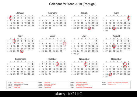 Calendar of year 2018 with public holidays and bank holidays for Portugal Stock Photo