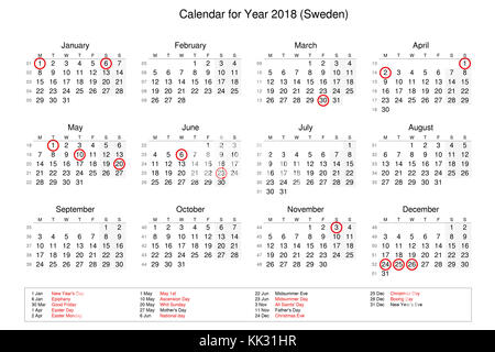 Calendar of year 2018 with public holidays and bank holidays for Sweden Stock Photo
