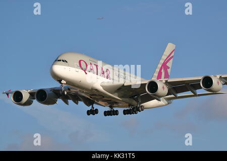 Qatar Airways Airbus A380 A7-APB landing at London Heathrow Airport, UK Stock Photo