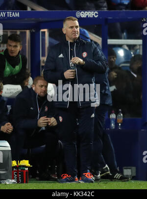Brentford manager Dean Smith during the Sky Bet Championship match at Loftus Road, London. Stock Photo