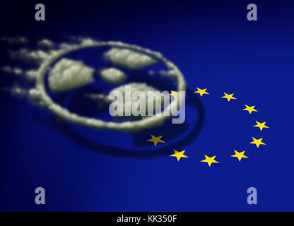 Radioactive cloud over europe as a gas shaped as a radiation icon drifting over a symbol of the european union in a 3D illustration style. Stock Photo