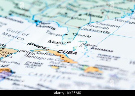 Section of Florida with Miami in Focus on a world map Stock Photo