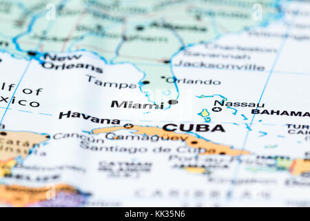 Section of Florida with Miami in Focus on a world map Stock Photo