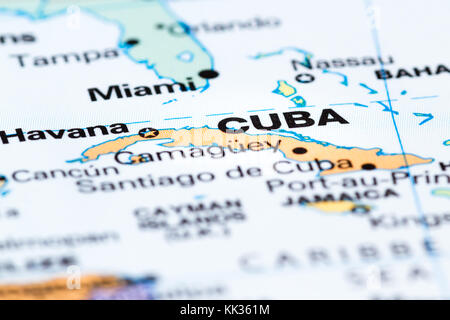 close up of a world map with Cuba in focus Stock Photo