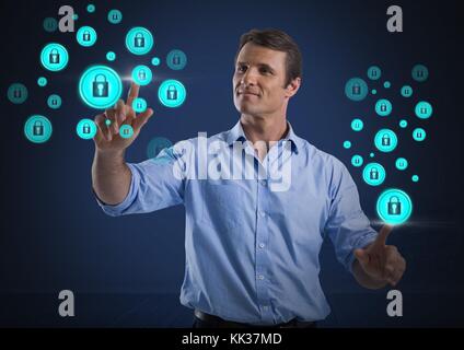 Digital composite of Businessman touching security lock icons Stock Photo