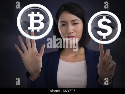 Digital composite of Businesswoman touching bitcoin graphic icon and dollar icon Stock Photo