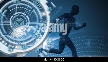 Digital composite of Man running and futuristic business icons technology interface Stock Photo