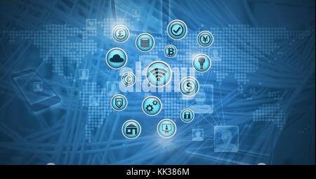 Digital composite of various business icons with technology Stock Photo
