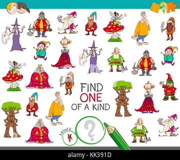 Cartoon Illustration of Find One of a Kind Educational Activity Game for Children with Fantasy Characters Stock Vector