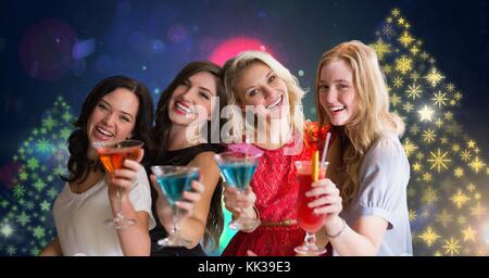 Digital composite of Women having party with cocktails and Snowflake New Year Party lights colorful pattern shapes Stock Photo