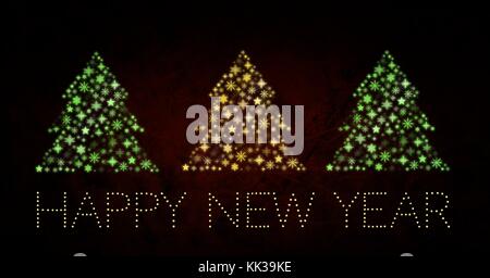 Digital composite of Happy New Year text and Snowflake Christmas tree pattern shapes Stock Photo