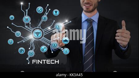 Digital composite of Businessman with hands palm open and Fintech with various business icons interface Stock Photo