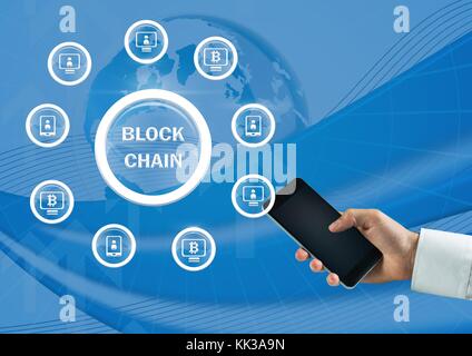 Digital composite of Block chain icon graph and hand holding phone Stock Photo