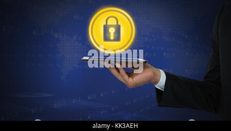 Digital composite of Bitcoin icons and hand holding tablet and security lock icon Stock Photo