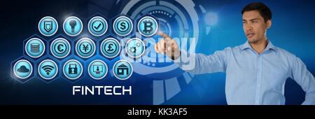 Digital composite of Businessman touching Fintech with various business icons Stock Photo