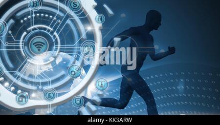 Digital composite of Man running and futuristic business icons technology interface Stock Photo