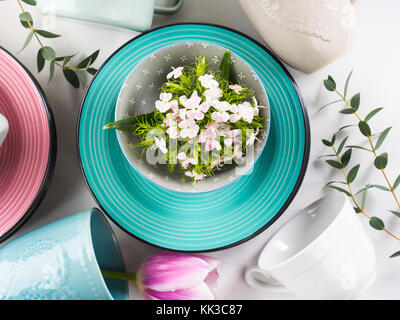 natural crockery tableware on wooden background. - a Royalty Free Stock  Photo from Photocase