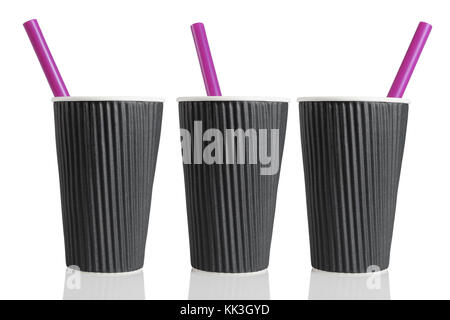 Row of Three Black Coffee Cups With Colorful Plastic Strawson White Background Stock Photo