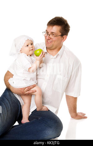 Happy Father with baby girl posing isolated on white Stock Photo