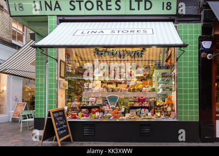 Lina Stores Ltd, old fashioned traditional deli shop and store with Italian delicatessen and food in Brewer Street, Soho, London Stock Photo