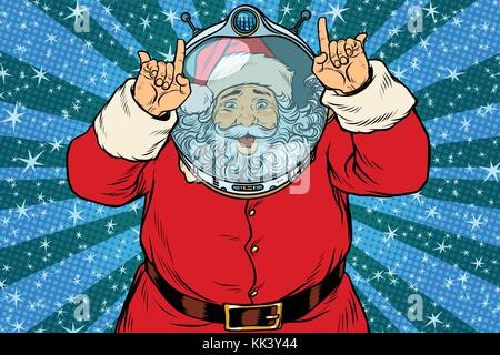 Funny Santa Claus astronaut makes faces. Pop art retro vector illustration Stock Vector