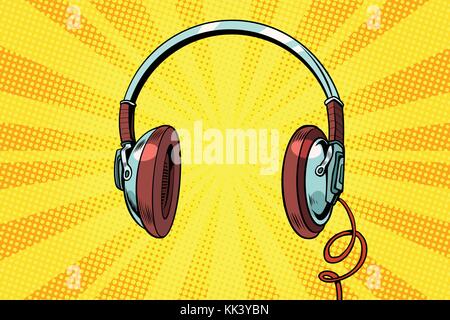 Retro headphones on a yellow background. Pop art vector illustration Stock Vector