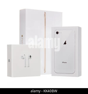 Apple’s uses clean uncluttered packaging to portray its products as eliganlty designed and easy to use. Stock Photo