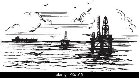 Oil platforms on the background of the sea Stock Vector