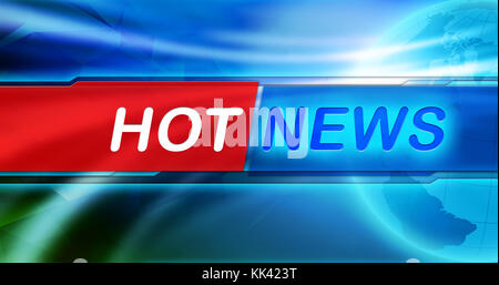 News background wallpaper. Hot news large title in the center of banner, the blue shiny background and Earth globe. Vivid design, red and blue color. Stock Photo