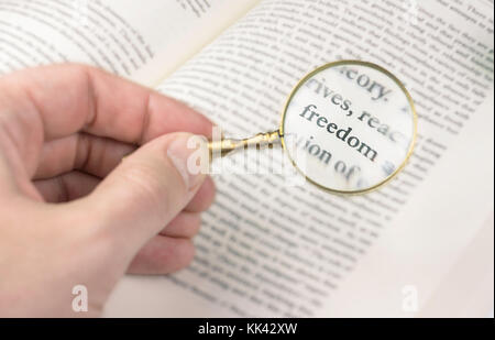 An evocative image of the word "freedom" emphasized with an old and golden magnifying glass. It could symbolize, for example, the pursuit, the quest o Stock Photo