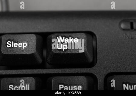 button, wake up and sleep on the keyboard, conceptual photo, close-up Stock Photo
