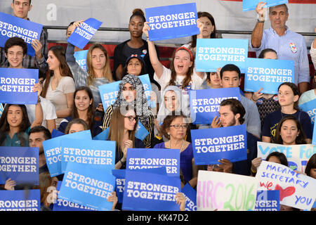 MIAMI, FL - OCTOBER 11: Democratic presidential nominee former Secretary of State Hillary Clinton and former Vice President Al Gore campaign together at the Miami Dade College - Kendall Campus, Theodore Gibson Center on October 11, 2016 in Miami, Florida. Clinton continues to campaign against her Republican opponent Donald Trump with less than one month to go before Election Day   People: Atmosphere Stock Photo