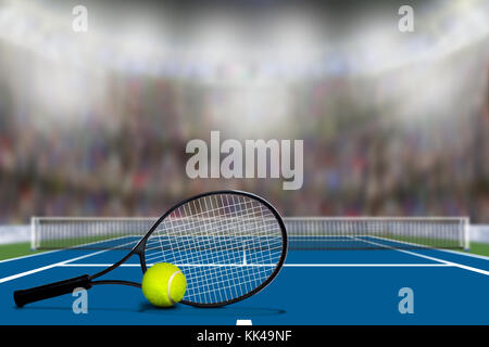 Low angle view of Tennis court full of spectators in the stands with copy space. Deliberate focus on foreground with shallow depth of field on backgro Stock Photo