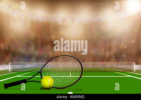 Low angle view of Tennis court full of spectators in the stands with camera flashes and lens flare. Deliberate focus on foreground with copy space. Stock Photo