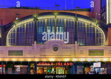 Brooklyn, New York - March 26, 2016: Coney Island subway station in New York City. It is the last stop on the BMT Lines and provides access to the bea Stock Photo