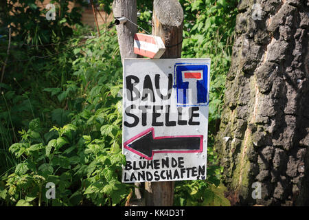 Signs in the Ecovillage Sieben Linden near Beetzendorf / Salzwedel, Saxony-Anhalt, Germany, Europe Stock Photo