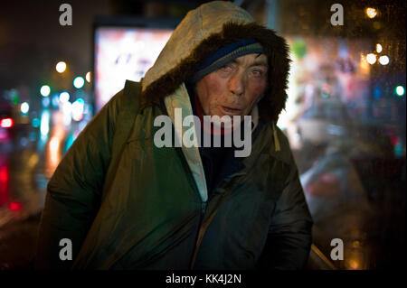 Homeless, urban poverty -  09/10/2012  -    -  Jean-Michel 65. - 'The Gunner Austerlitz' -  - He lives on the air vent tube for over two years. - Open junction, close to the Gare d'Austerlitz, - When it rains too much, it goes under the bus. - The conversations we have, are the resume we had started the previous times. - Ha if I had my papers!, It would long I'm gone! - and often end: Ha, it is beautiful reward!   -  Sylvain Leser / Le Pictorium Stock Photo