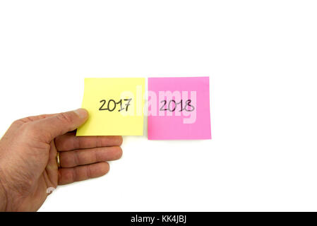 Concept for turn of the year, three post it with three years : 2017 2018 2019 Stock Photo