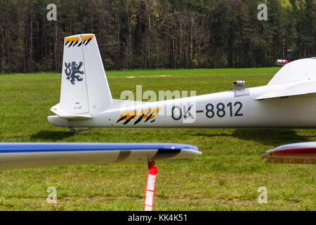 PLASY, CZECH REPUBLIC - APRIL 30: Aerobatic two-seat all-metal Let L-13AC Blanik glider for dual aerobatic training stands on airfield April 30, 2017  Stock Photo