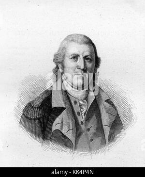 An engraving from a portrait of William Moultrie, he was an American military officer and politician, as a colonel he prevented British forces in South Carolina from taking Charleston during the American Revolutionary War, he was later promoted to major general, he served two non-consecutive terms as the Governor of South Carolina, 1800. From the New York Public Library. Stock Photo