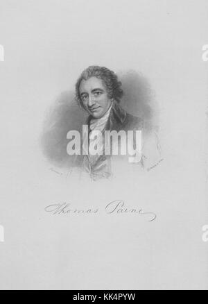 Engraved portrait of Thomas Paine, one of the Founding Fathers of the United States, an English-American political activist, philosopher, political theorist, and revolutionary, his signature depicted at the bottom, United States, 1830. From the New York Public Library. Stock Photo