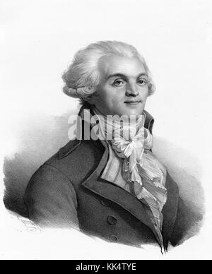 An engraving from a portrait of Maximilien Robespierre, he was a French lawyer and politician, he was known for his support of the poor and social causes during the French Revolution, he argued for equal voting rights for men, price controls on food, and the abolition of slavery, even though he was opposed to the death penalty he was a driving force behind the Reign of Terror during the French Revolution that saw the deaths of tens of thousands of people who were seen as enemies of the revolution, 1829. From the New York Public Library. Stock Photo