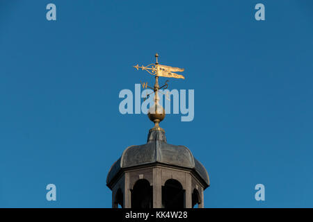 The weather vane on top of the market cross in Barnard Castle, North East England, UK, showing two bullet holes created in 1803, with copy space Stock Photo