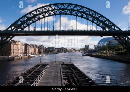 Looking from the swing bridge to the tyne bridge on the  River Tyne in North East England, linking Newcastle upon Tyne and Gateshead. Stock Photo