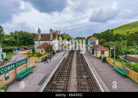 CORFE, UNITED KINGDOM - SEPTEMBER 06: This is Corfe Castle railway station. Corfe is a small medieval village with old traditional British architectur Stock Photo