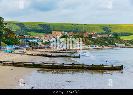 View of Swanage beach and town in England Stock Photo