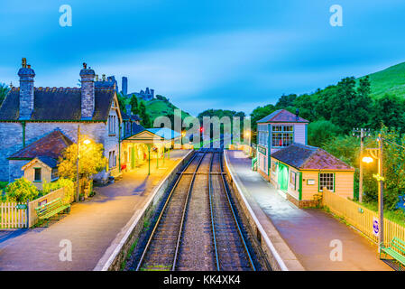 CORFE, UNITED KINGDOM - SEPTEMBER 08: This is an evening view of the Corfe Castle railway station traditional medieval architecture on September 08, 2 Stock Photo