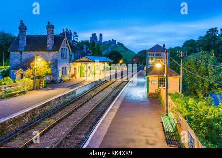 CORFE, UNITED KINGDOM - SEPTEMBER 08: This is an evening view of the Corfe Castle railway station traditional medieval architecture on September 08, 2 Stock Photo