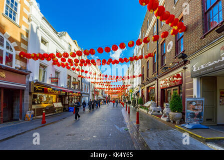 LONDON, UNITED KINGDOM - OCTOBER 06: This Gerrard Street in Chinatown, it is the main street and the center of Chinatown which has many restaurants on Stock Photo